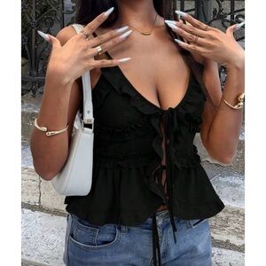 NWOT Black Ruffled tie-front women's sheer top